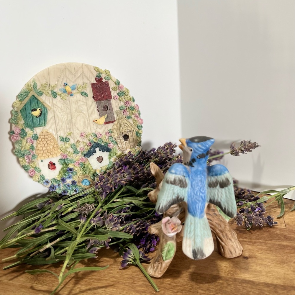 Blue bird and Bird houses plate bundles together